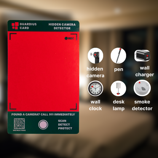 Guardius Card hidden camera detector card with icons and text which indicate examples of spy cameras
